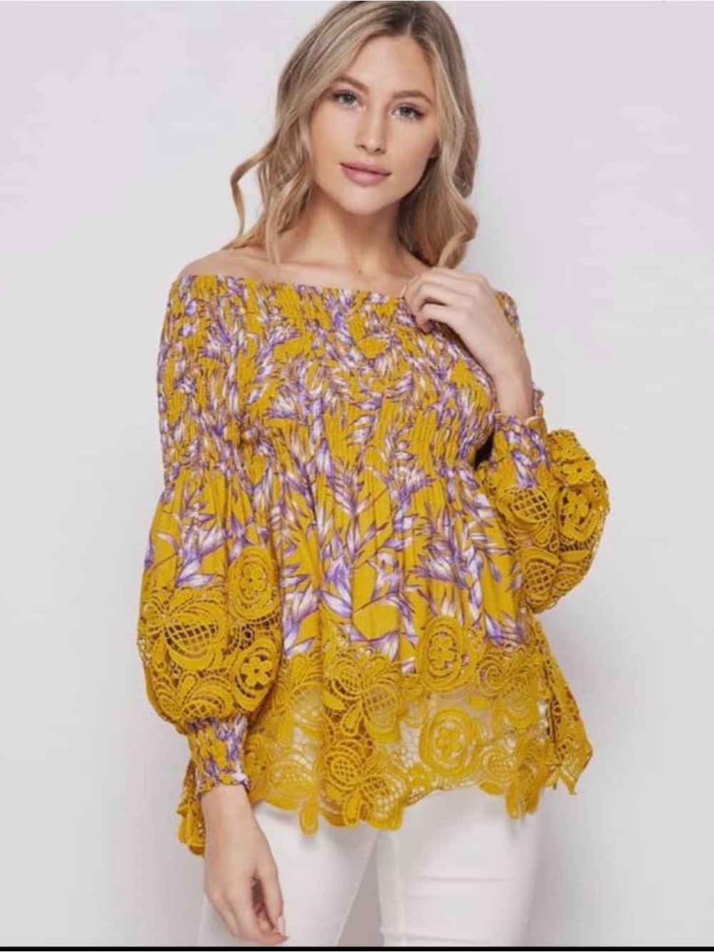 Petal Roz Boho Off Shoulder Smocked Crochet Lace Blouse Mustard Purple Floral L - Picture 8 of 8